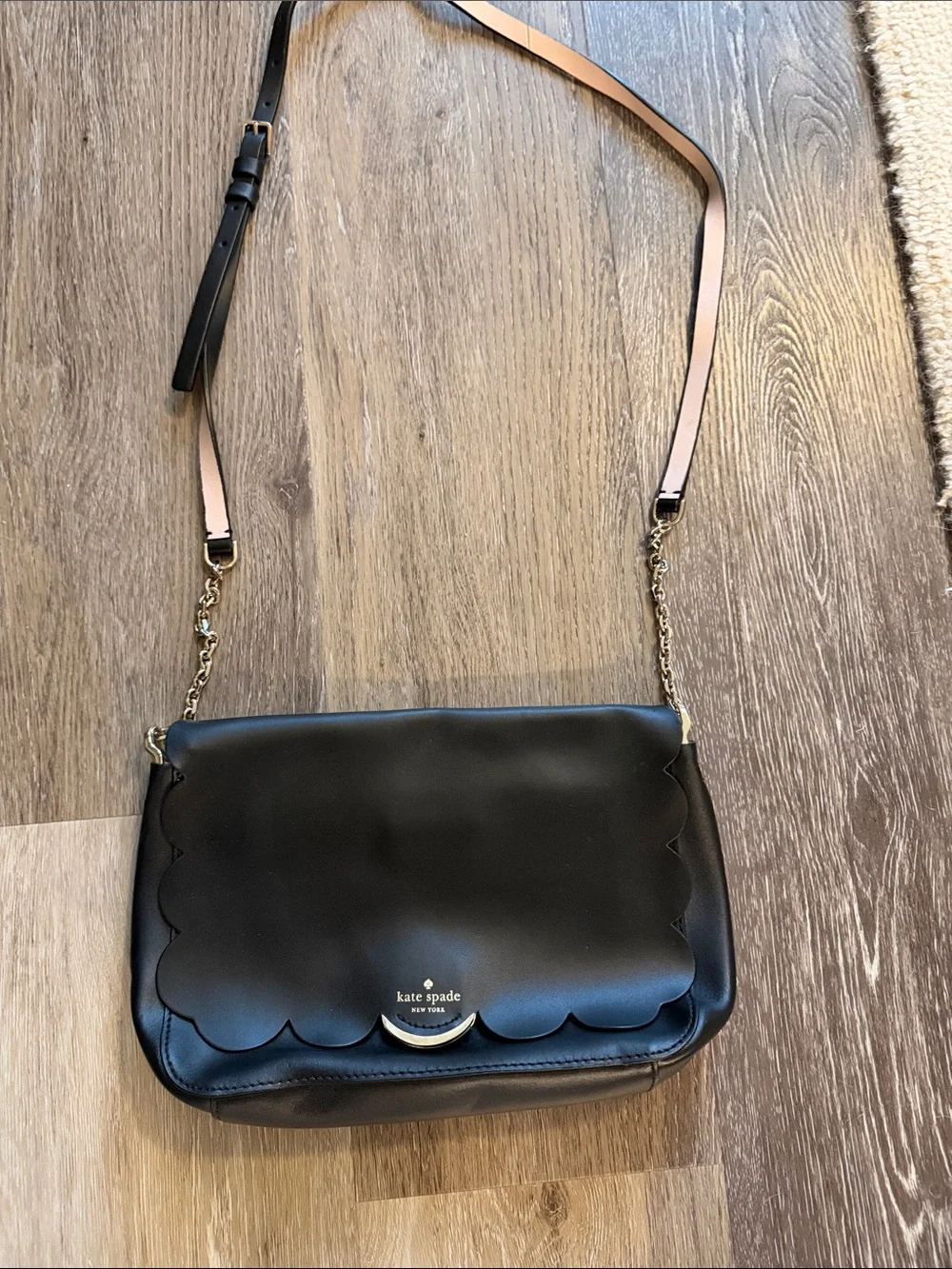 kate spade Black Scallop-Edge Leather Crossbody with Gold Accents
